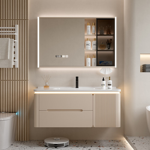 浴室柜实木多层一体陶瓷盆奶油风