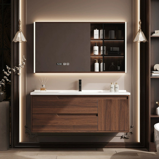 新中式浴室柜组合胡桃木色卫生间陶瓷一体洗手洗脸盆洗漱台套装