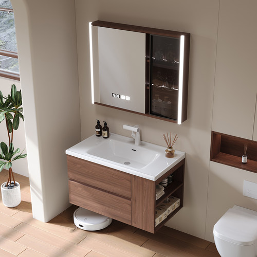 小户型中古风胡桃木浴室柜组合陶瓷一体盆洗手盆洗脸盆洗漱池套装