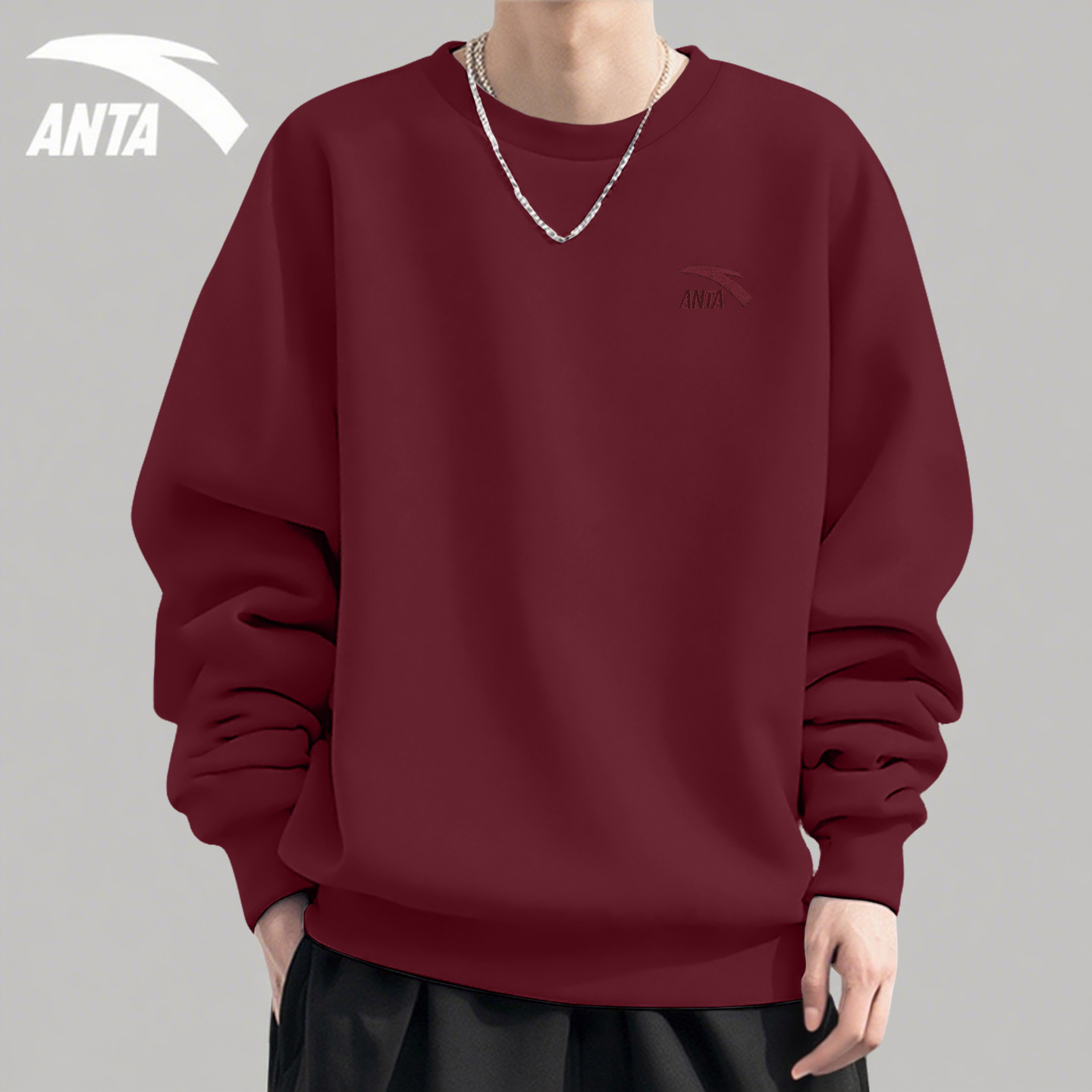 安踏红色卫衣男圆领长袖t恤