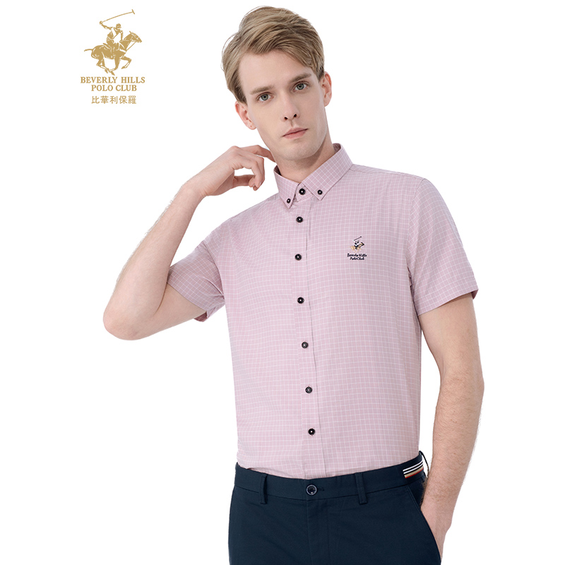 比华利保罗夏季新款男士短袖衬衫经典细格仔商务衬衣