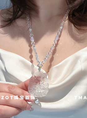 高冰透天然白水晶九尾狐牌项链