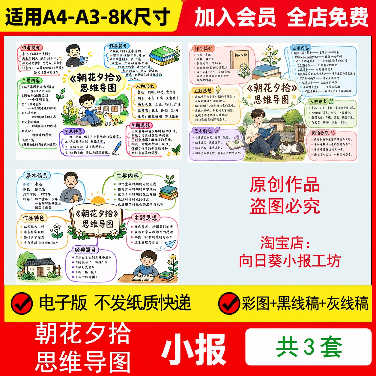 朝花夕拾思维导图手抄报电子模板好书推荐课外必读线稿手绘模板