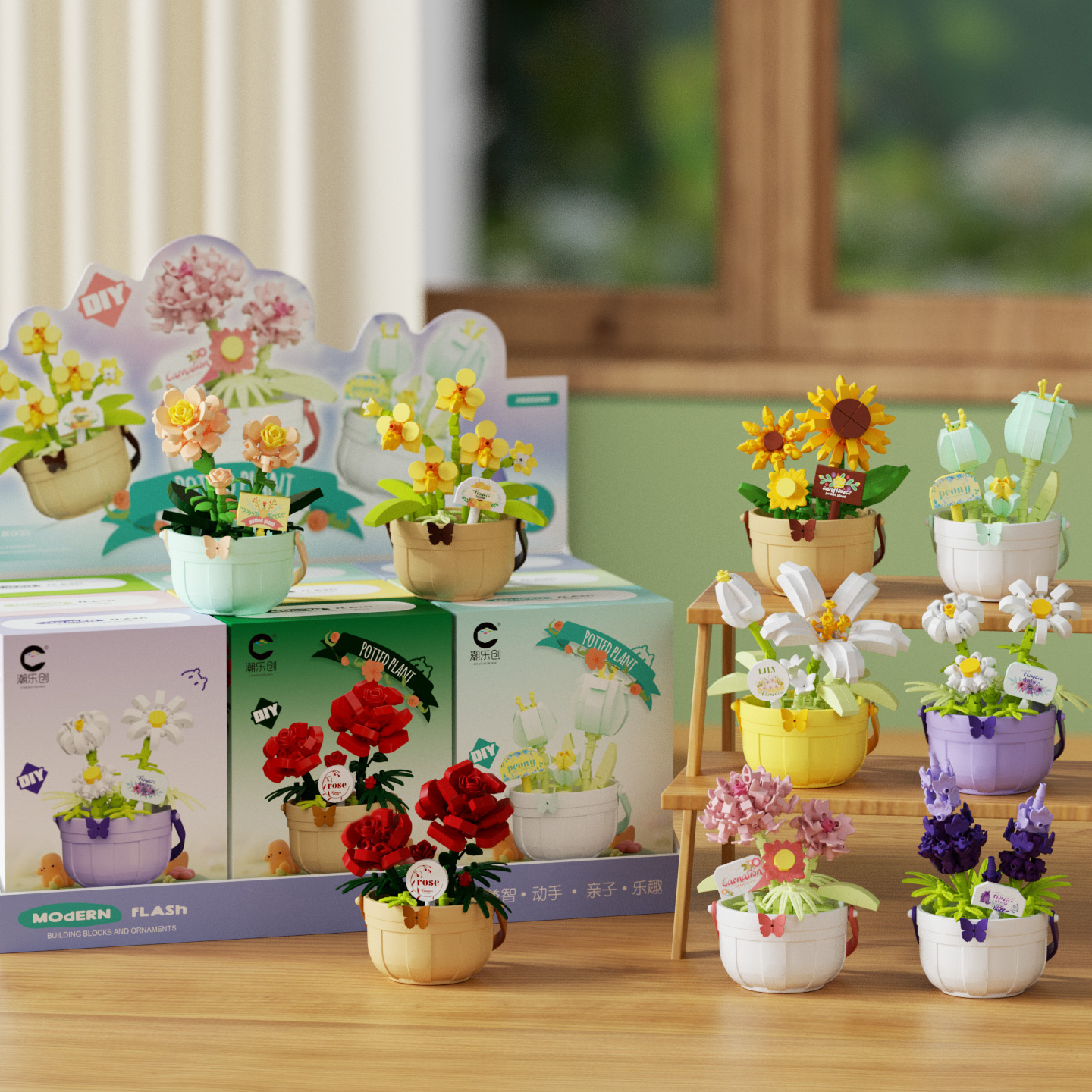 积木花束盆栽益智玩具玫瑰花模型植物立体拼图花篮女孩永生花礼物