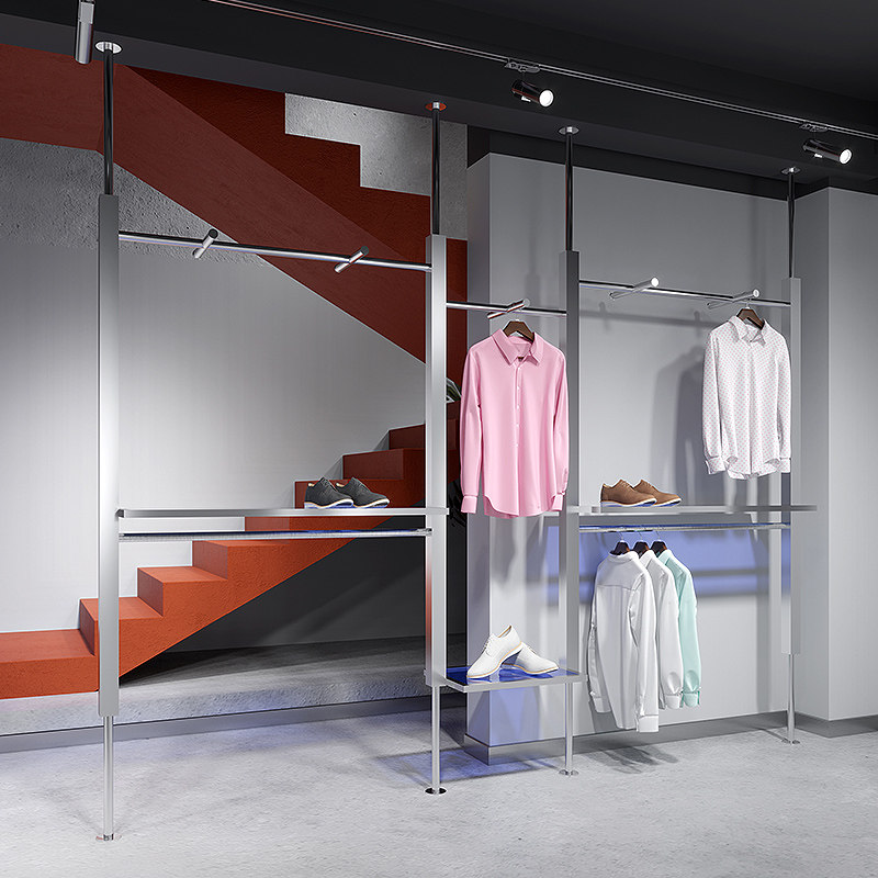 服装店展示架上墙壁挂立柱双层不锈钢挂衣服架子男女装店陈列货架