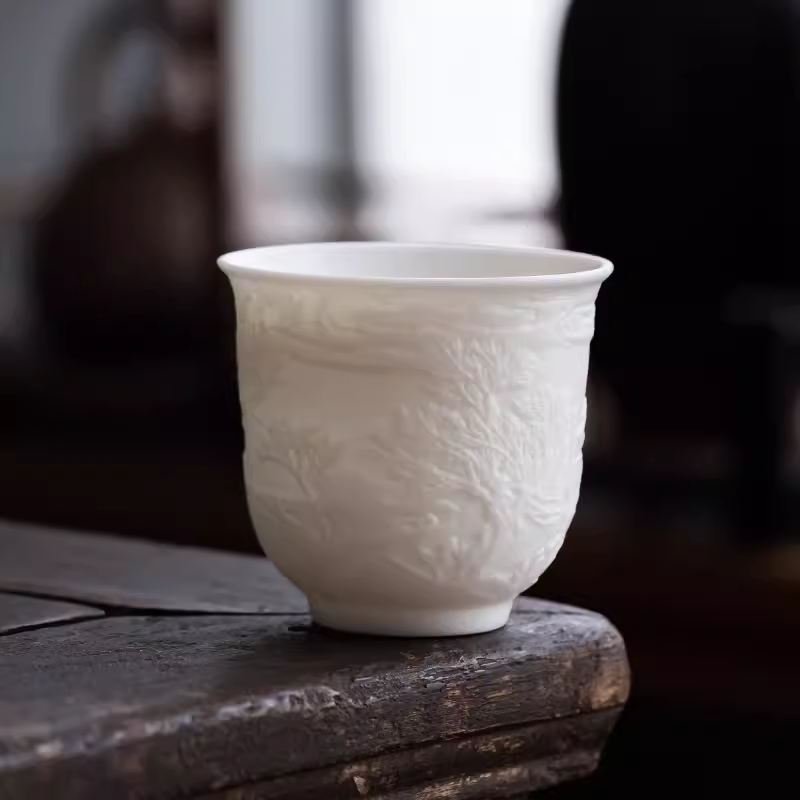 德化陶瓷清明上河图浮雕白瓷茶杯主人杯单杯中式纯色品茗杯个人杯