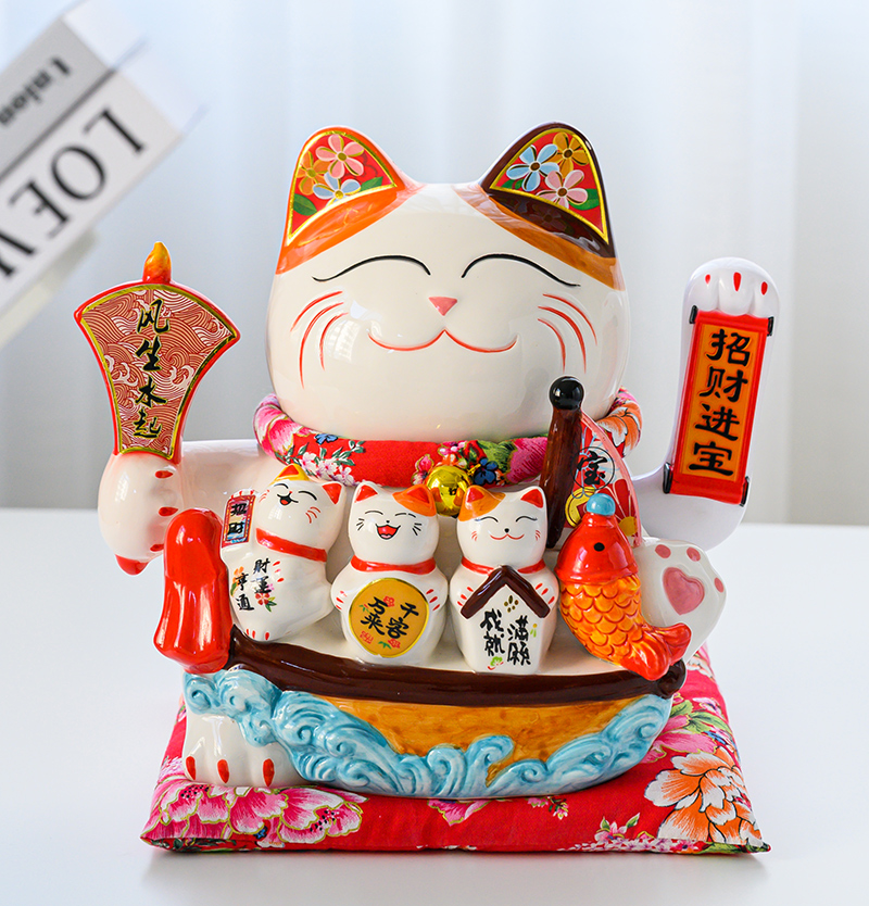 德化陶瓷摇手招财猫摆件 开业礼物八方来财 存钱罐收银台中号家居