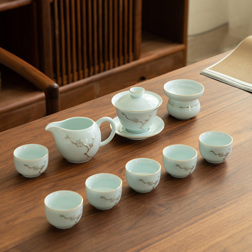 德化陶瓷梅花浮雕整套茶具