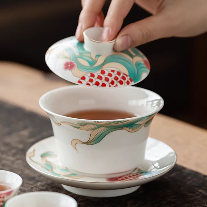 德化陶瓷白瓷三才五福盖碗茶杯单个大号带盖不烫手仿古复古中式,餐饮具,盖碗,淘宝优惠券,粉丝福利购,淘宝优惠卷