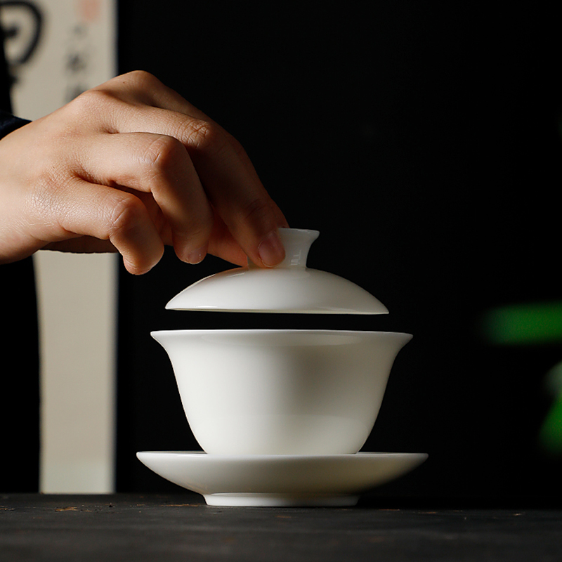 德化陶瓷三才盖碗纯白亮白