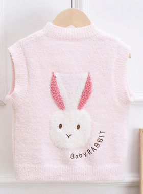 半边绒宝宝马甲针织春秋冬儿童薄款公主女童儿童马夹小动物白色粉