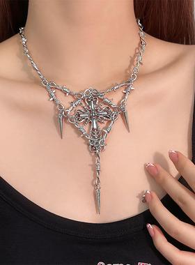 暗黑哥特风荆棘十字架重工项链