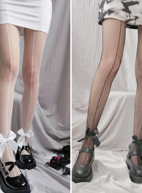 性感白色竖条纹网袜女夏季镂空蝴蝶结绑带连裤袜渔网袜