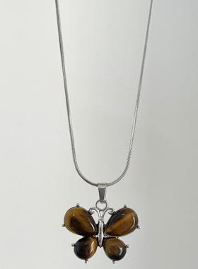 玫瑰纱琥珀棕虎眼石蝴蝶吊坠小众设计感锁骨中式朋克复古蛇骨项链