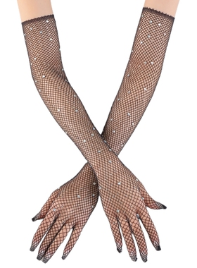 渔网烫钻手套外贸热销长筒手套45cm连指长筒性感手臂套防晒手套