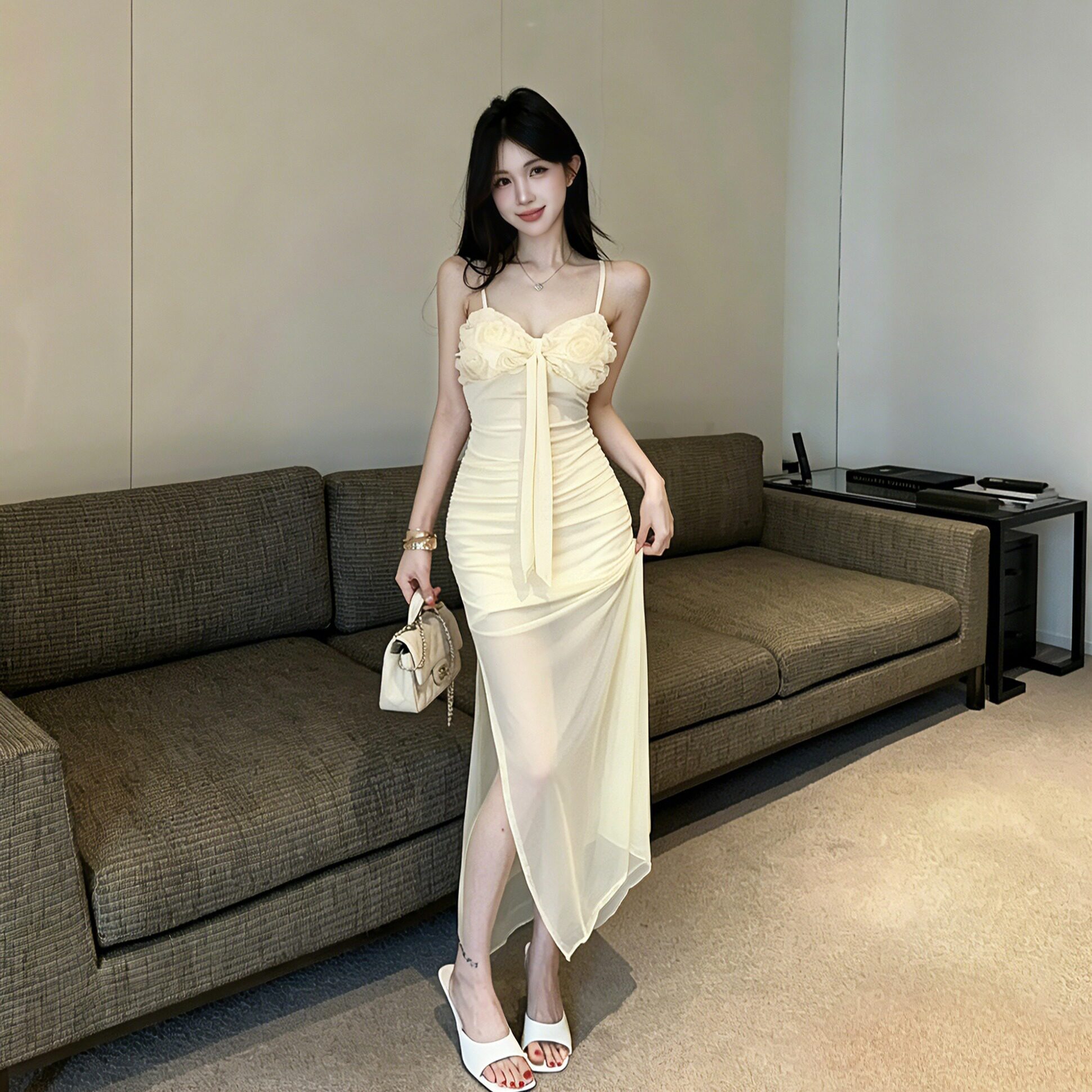 夏季网纱透视修身吊带中长连衣裙