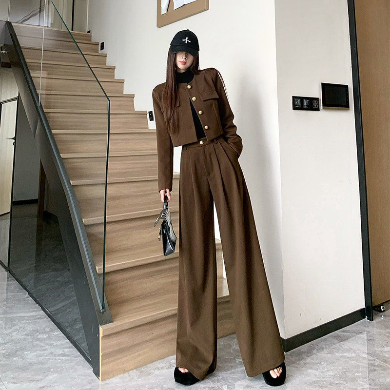 秋冬新款高级感美拉德气质御姐风时尚毛呢西装外套阔腿裤两件套装