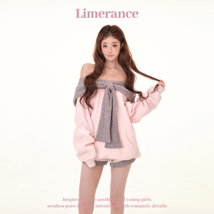 雾港甜章 设计感撞色一字肩多穿连帽宽松加绒卫衣短裤套装春季