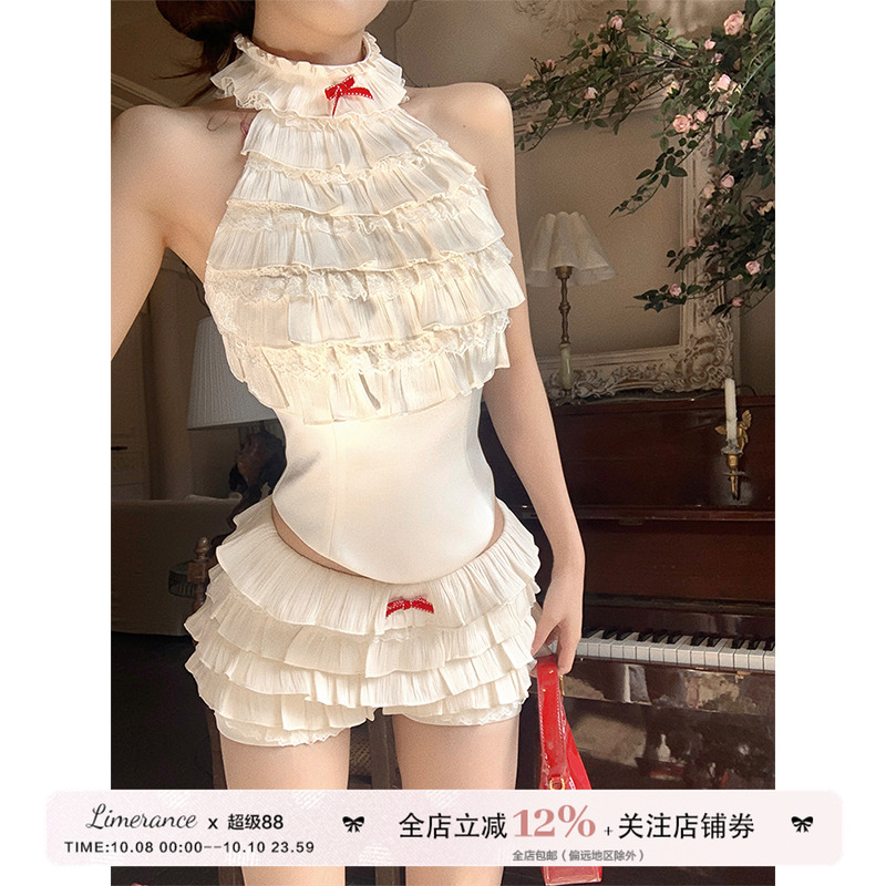 甜梨呆呆 奶油序曲 米色层层挂脖上衣蛋糕花边半身裙套装两件套