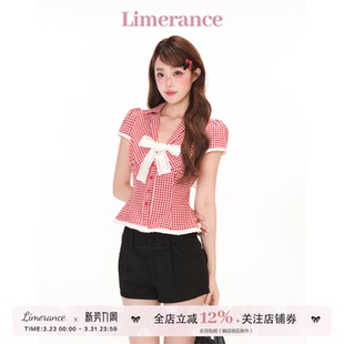 红璃树莓 女设计感短袖 2026夏季 红白格纹衬衫 上衣 新款 甜梨呆呆