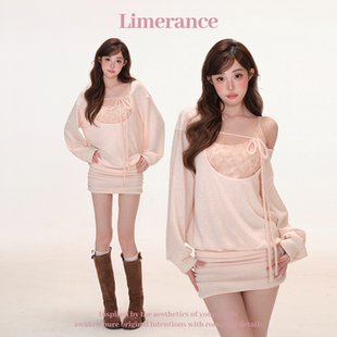 藕粉色连衣裙 甜梨呆呆山杏甜奈 长袖 新款 内搭吊带上衣 2025秋冬季