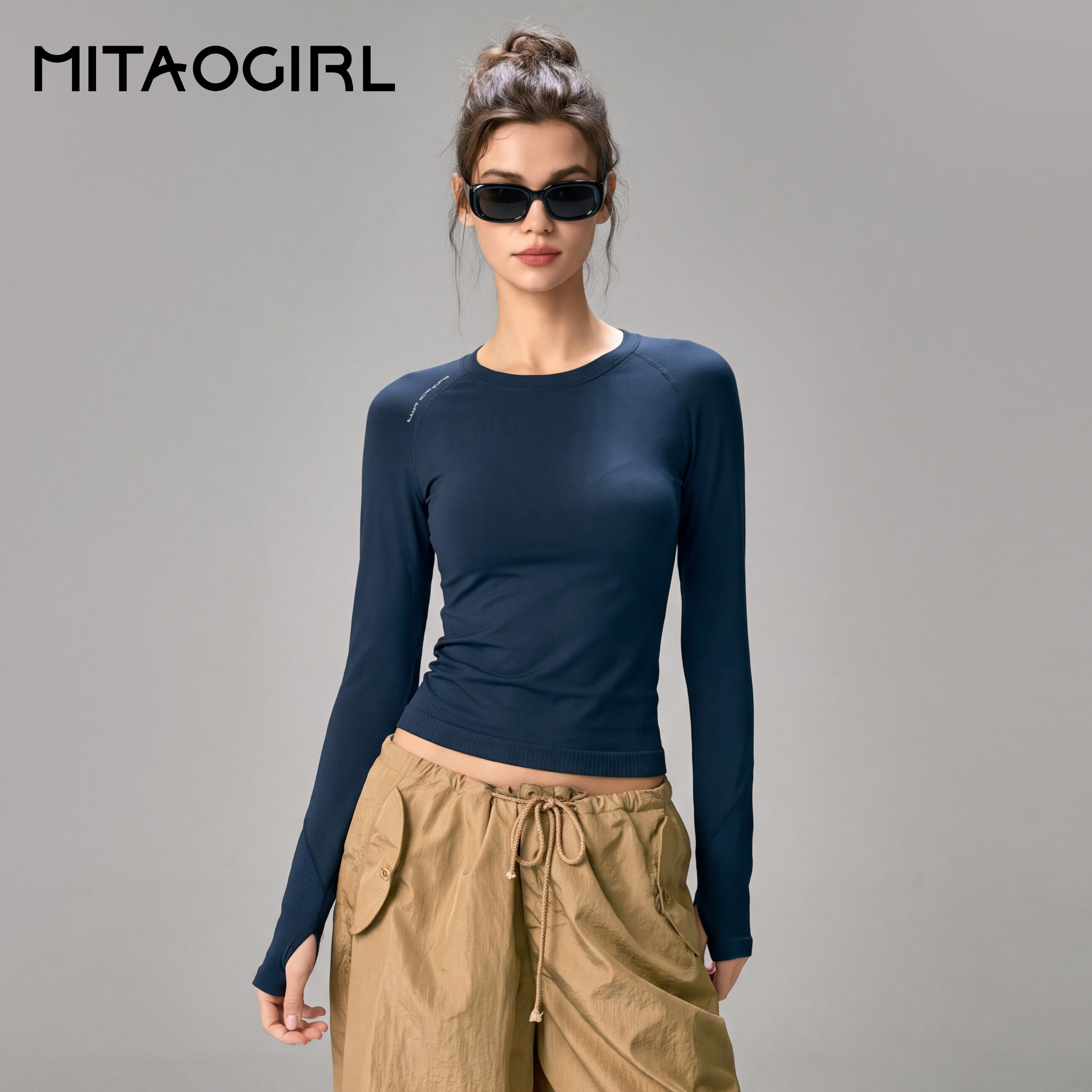 MITAOGIRL肯豆长袖健身衣女秋季速干紧身运动上衣户外跑步瑜伽服