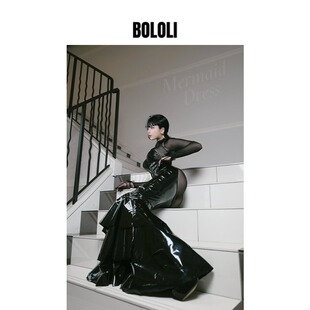 BOLOLI日本原创镜面漆皮晚会优雅哥特式蜜桃臀长裙cosplay摄影会