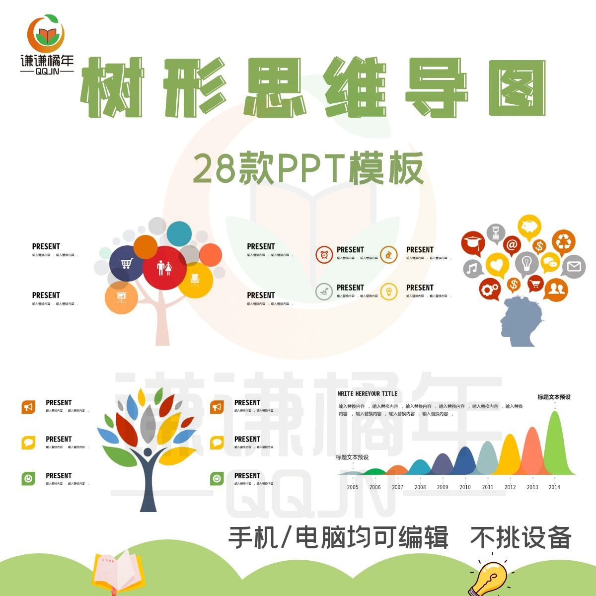 树形状思维导图PPT模板可视化图表可编辑套用商务办公演讲说素材