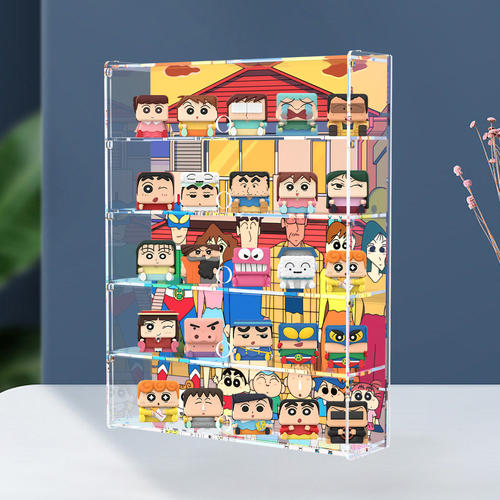 适用泡泡玛特蜡笔小新POPCUBE1-2-3系列盲盒带门彩绘亚克力展示盒
