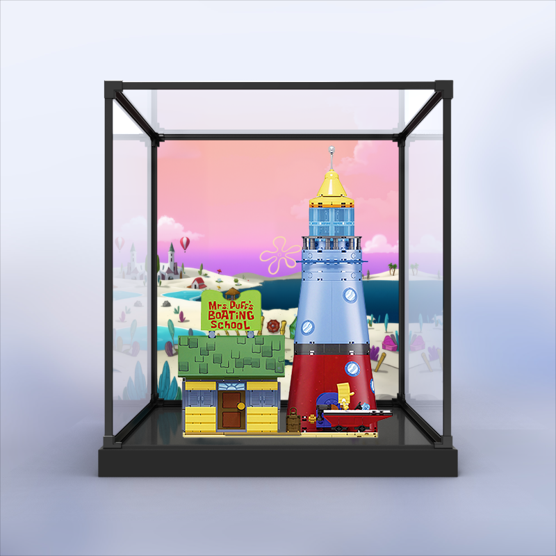 适用AREAX砖区积木海绵宝宝比奇堡驾校模型防尘罩合金框架展示柜