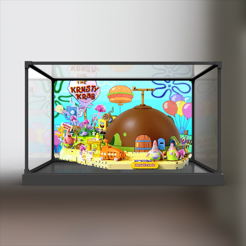 适用AREAX砖区积木海绵宝宝派大星的石头屋防尘罩合金框架展示柜