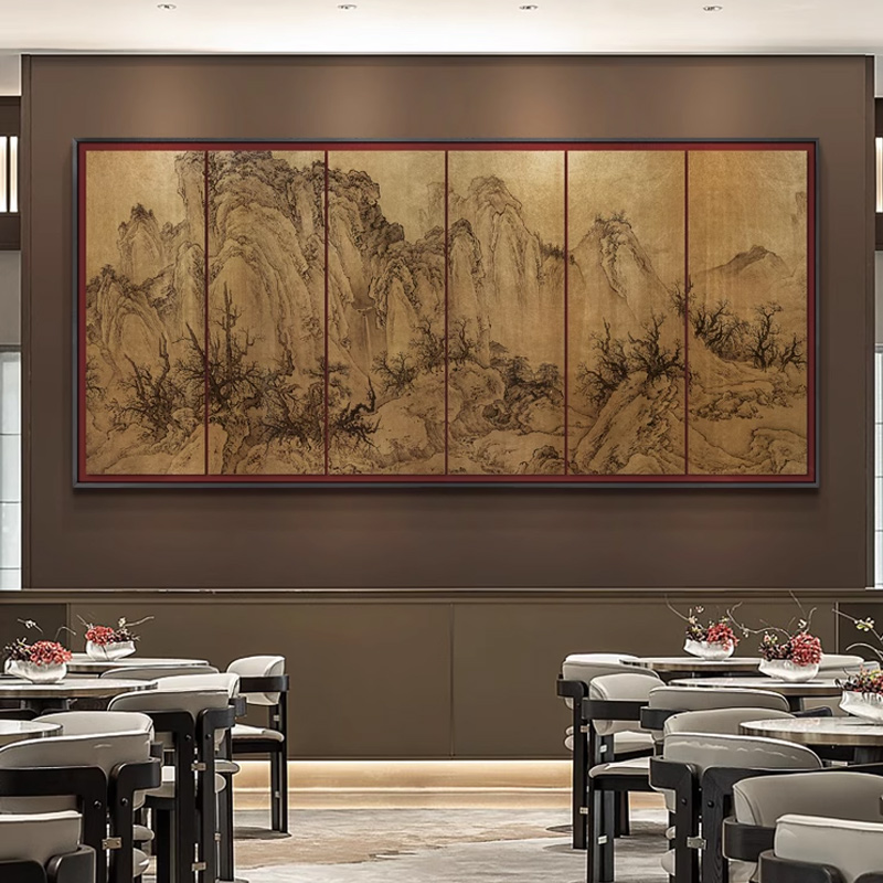 新中式餐厅风景大幅装饰的别墅中堂客厅背景墙壁高级感大气挂画
