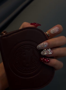 Jennie同款穿戴甲红色纯手工气质显白欧美杏仁美甲中长款甲片