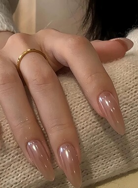 ins高级风棕色海莉纯手工穿戴甲气质显白欧美杏仁美甲中长款甲片