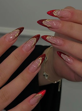 ins高级风系列红色法式风纯手工穿戴甲气质显白欧美ins风美甲甲片