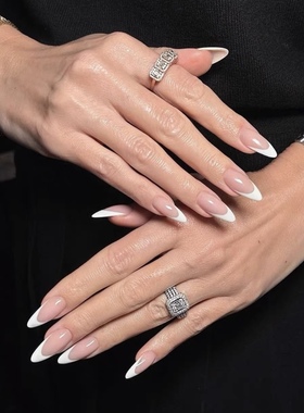 ins高级风白色法式纯手工穿戴甲气质显白欧美杏仁美甲中长款甲片