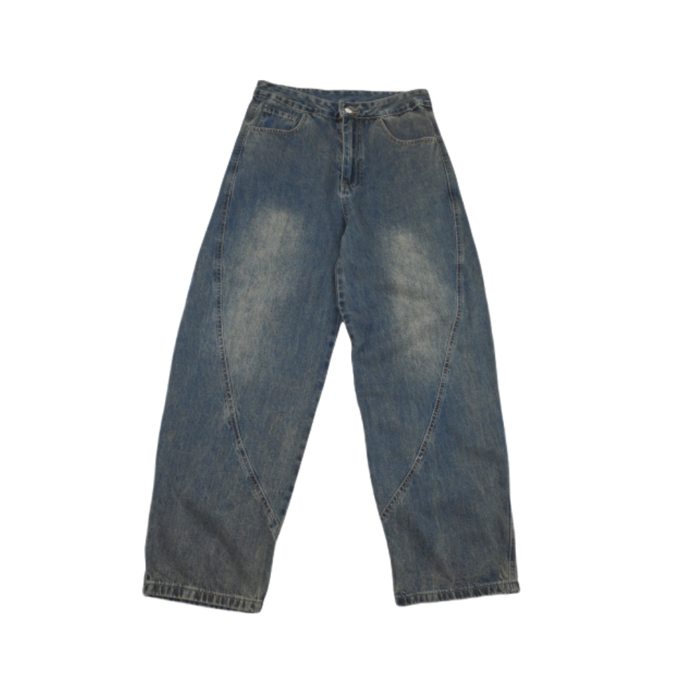 复古拼接做旧水洗美式休闲BF男士牛仔裤设计感弯刀高街痞帅阔腿裤