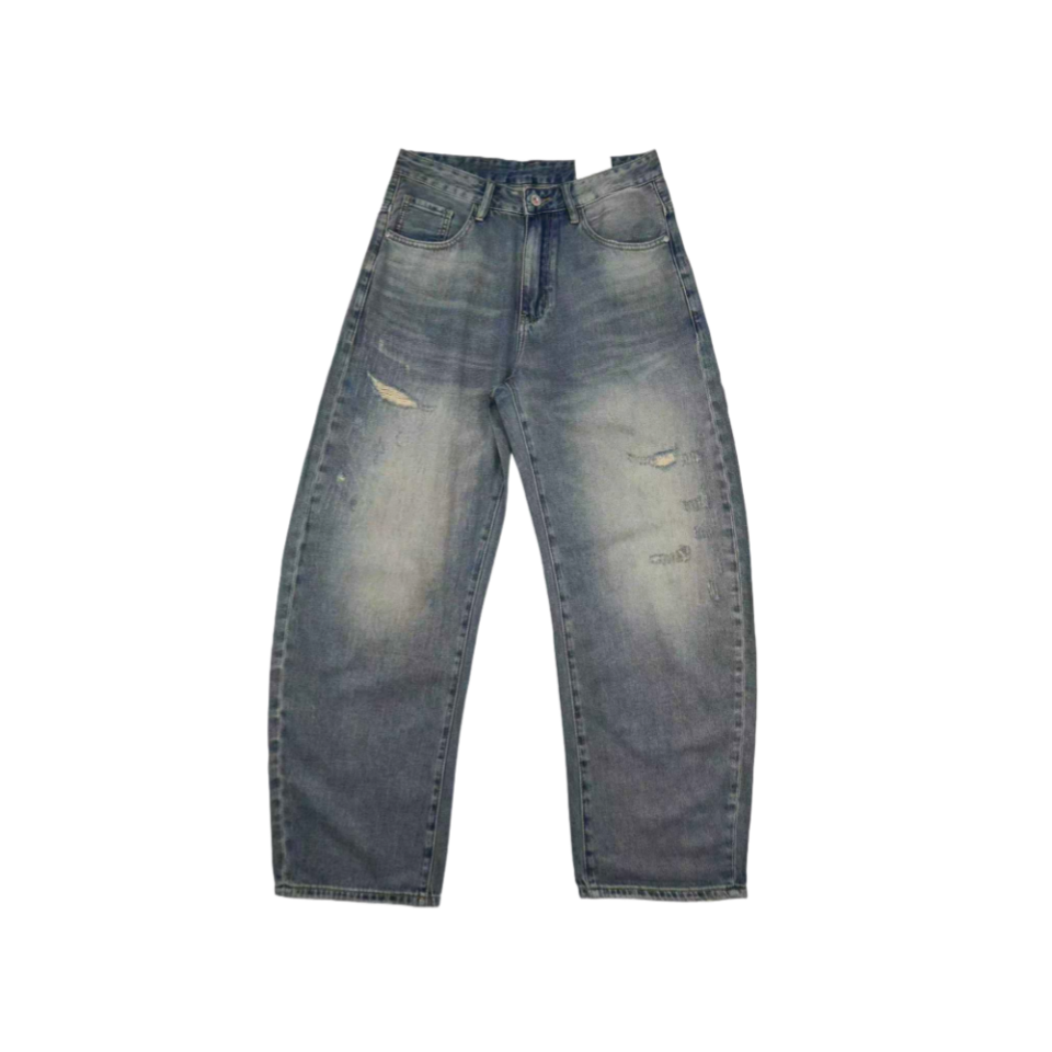 日系复古水洗做旧刮烂牛仔裤 褶皱猫须设计感男宽松直筒阔腿长裤