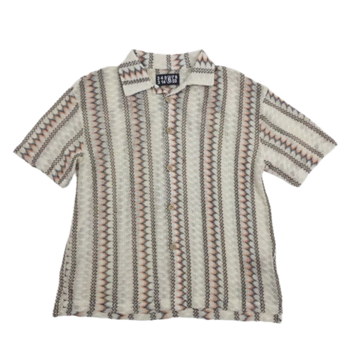 复古镂空网眼短袖衬衫 古巴领夏季透气提花条纹度假开衫Men Shirt