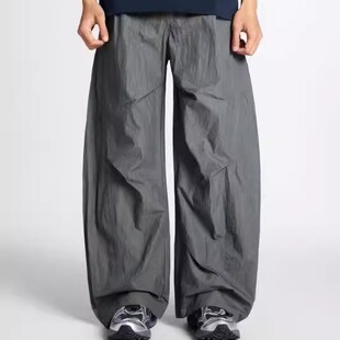 裤 香蕉廓形剪裁设计感轻金属尼龙工装 复古肌理感暗灰弯刀裤 美式