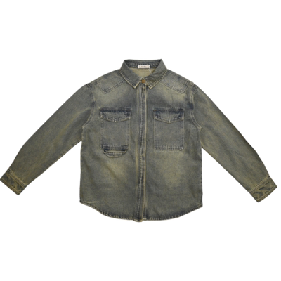 美式复古怀旧色牛仔衬衫 厚重青年长袖宽松水洗做旧翻领休闲外套