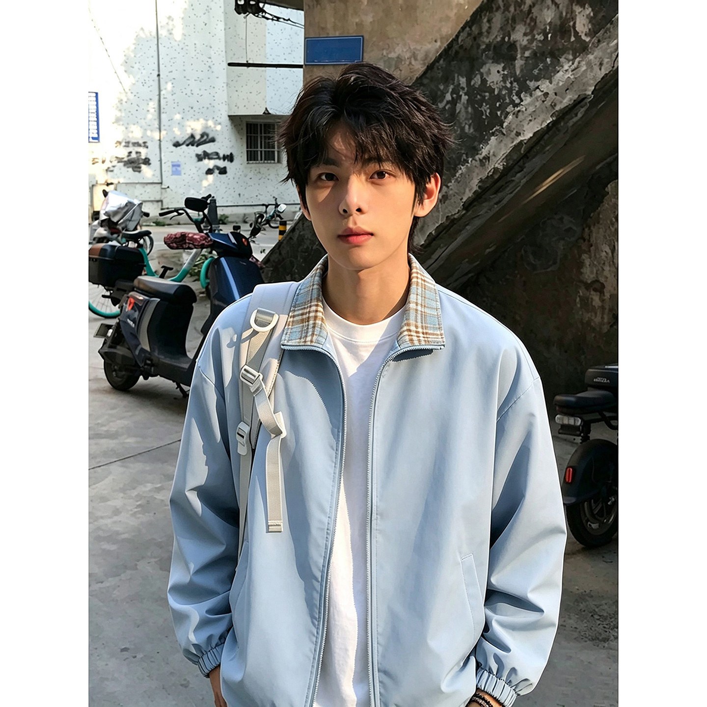 浅蓝色格子拼接外套男秋季高级感美式短款正肩夹克翻领情侣棒球服