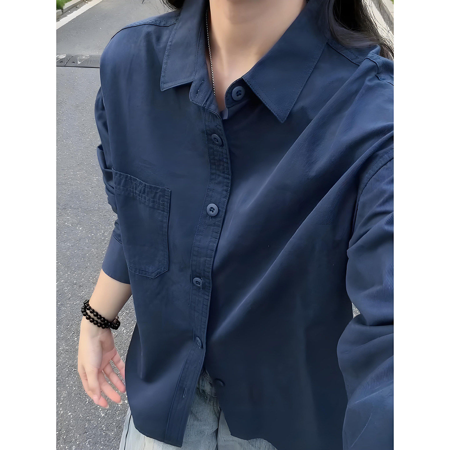 藏青色纯棉长袖衬衫男款秋季日系重磅工装衬衣vintage高级感外套