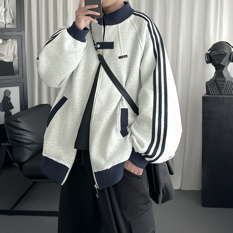 隐哲穿搭R238秋季美式三条杠翻领夹克宽松男生休闲开衫卫衣外套