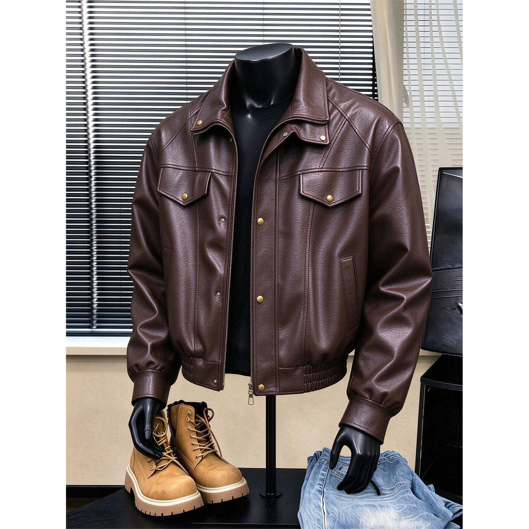 美式复古短款机车服pu皮衣夹克男秋冬季boxy硬挺廓形三防翻领外套