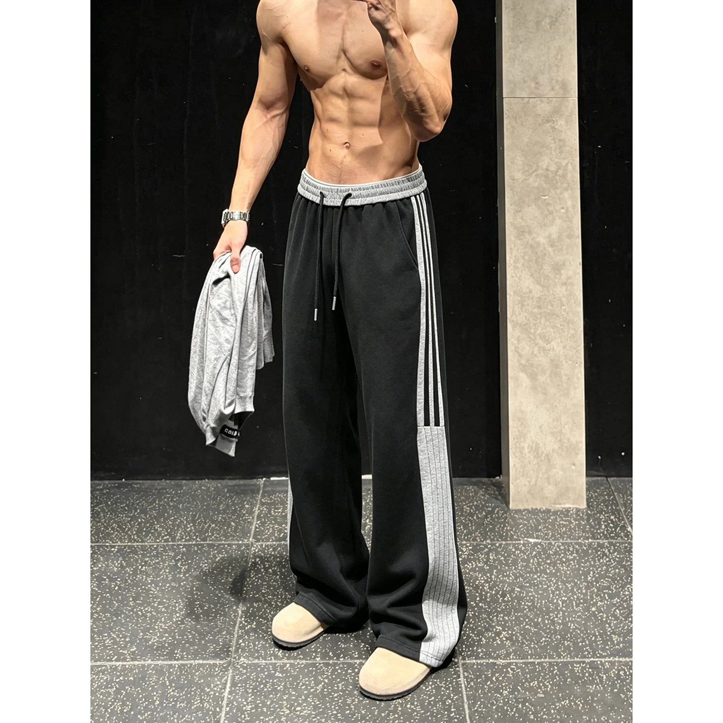 黑色美式条纹拼接健身卫裤男秋季撞色设计感休闲裤重磅垂感运动裤