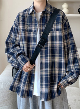 隐哲穿搭HC24589秋季新款男格子衬衣百搭宽松大码美式长袖衬衫