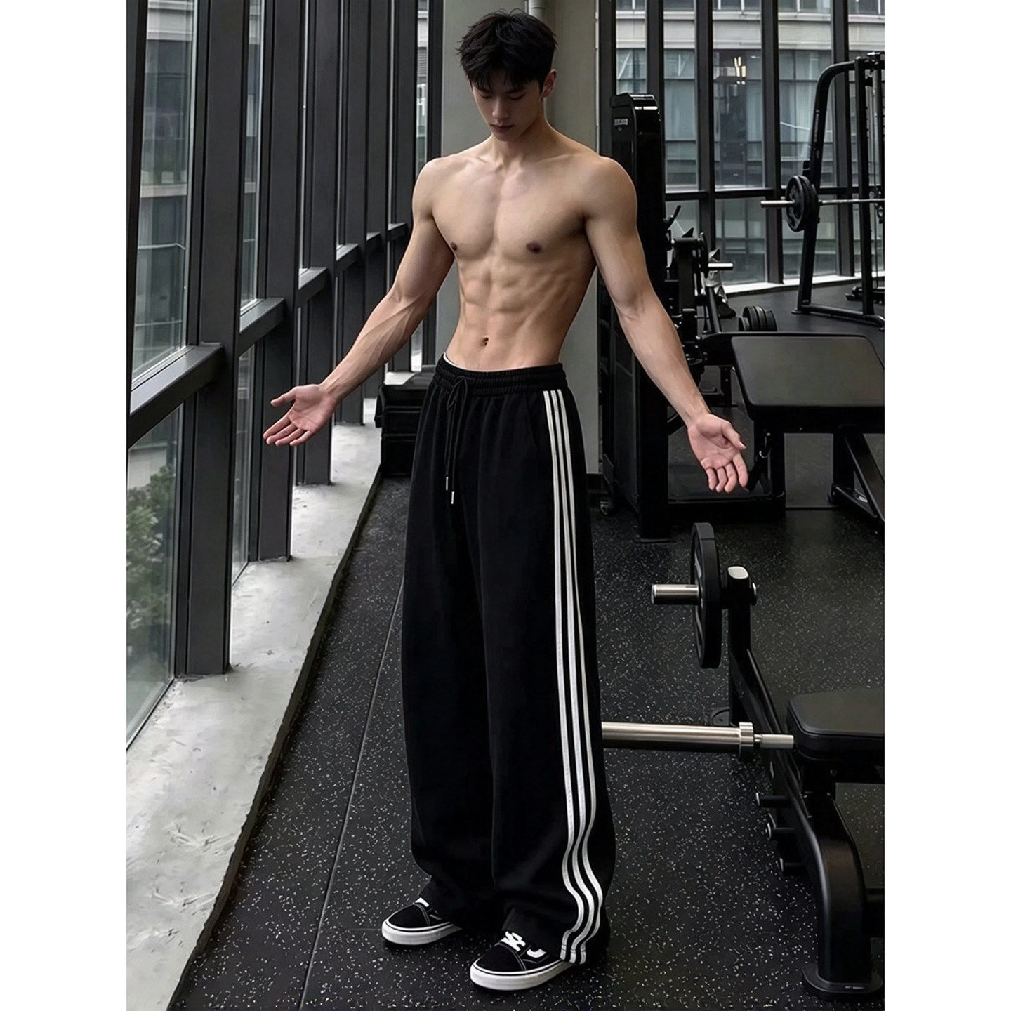 黑色三条杠条纹运动卫裤男款秋春季美式潮牌健身裤子显腿长直筒裤