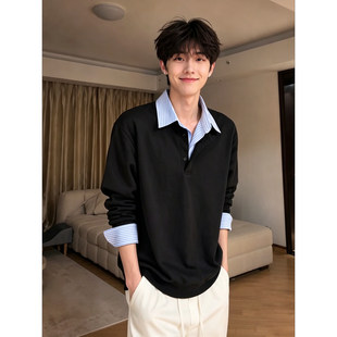 美式复古假两件polo衫男款秋冬加绒条纹拼接翻领卫衣内搭长袖t恤