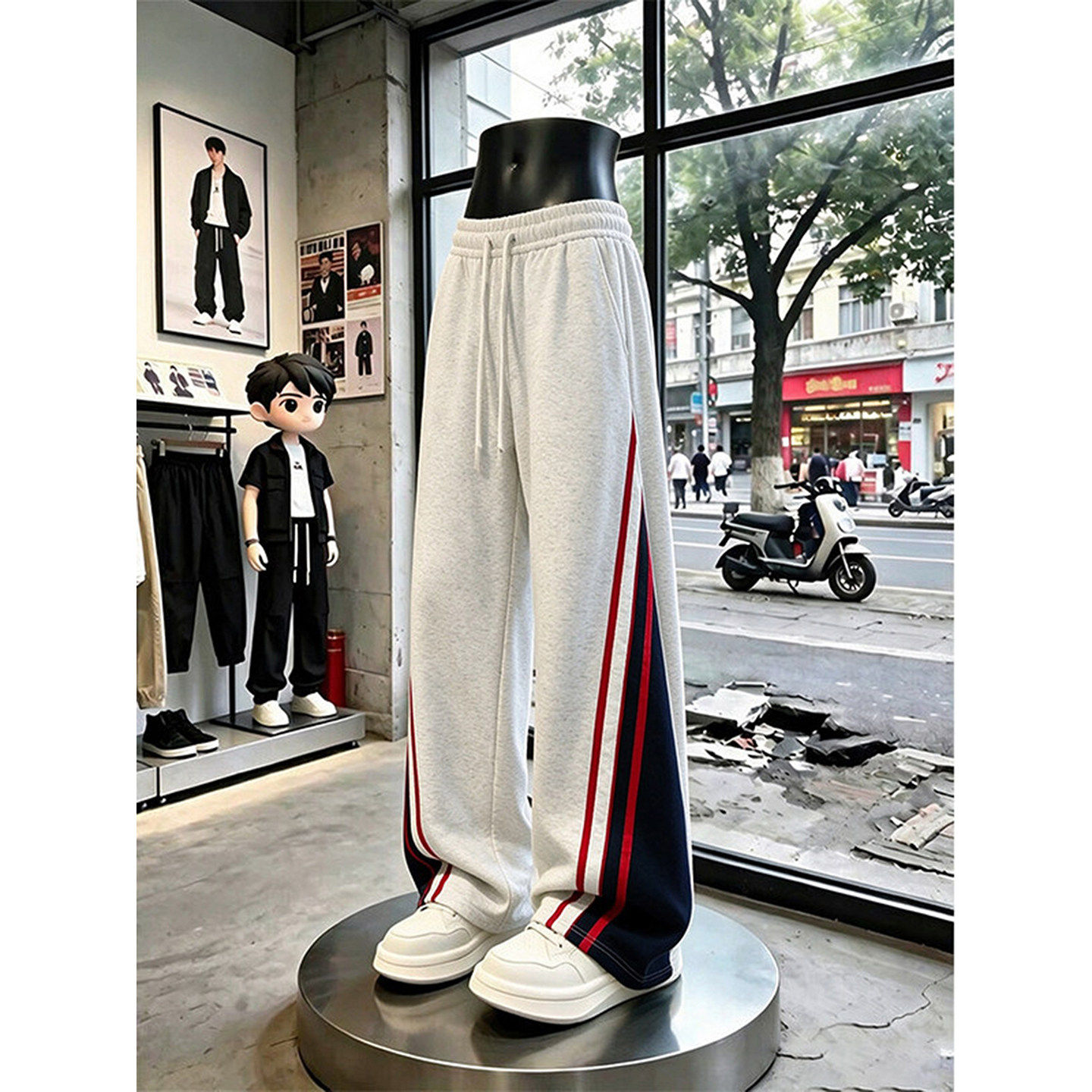 白灰色条纹拼接卫裤男款秋季慵懒松弛感穿搭裤子美式休闲运动长裤